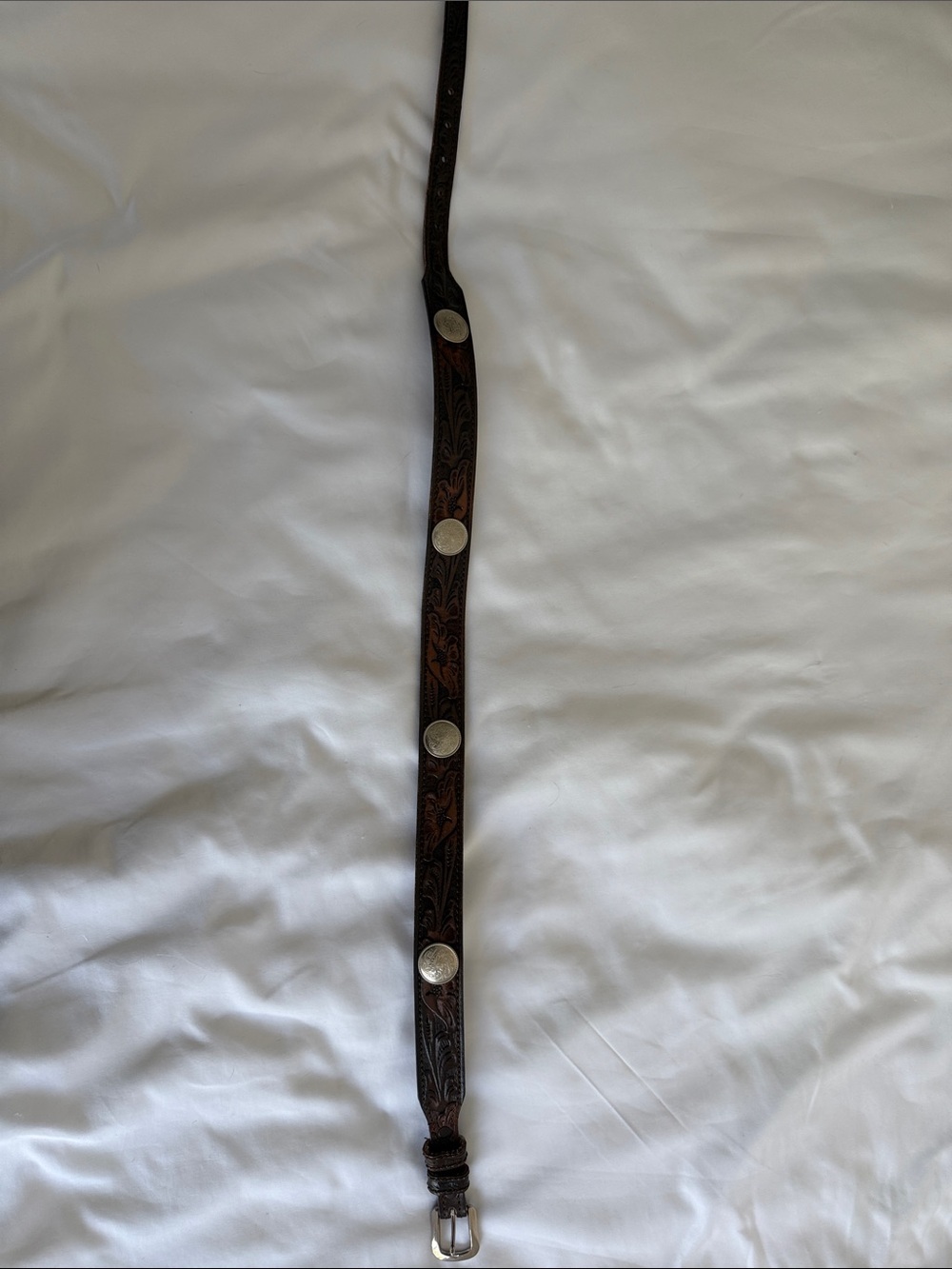 vintage Hand-Tooled Brown Leather Belt with Silver Conchos